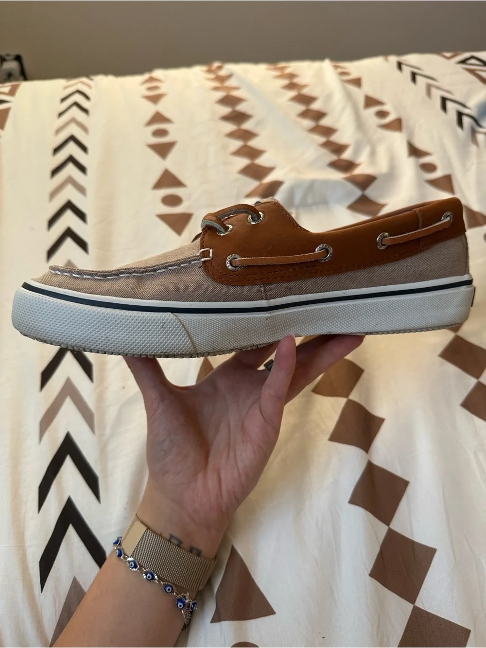 Sperry Brown and Tan Canvas Leather-Trim Boat Shoe